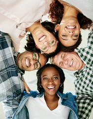 Aufkleber - Business people, portrait and smile in circle with low angle, teamwork or connection with diversity. Men, woman and happy in group for hug with kindness, synergy and link with solidarity at startup