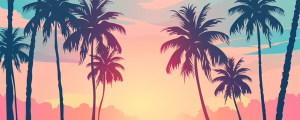 Palm trees and a beautiful sunset landscape. Silhouettes of tall palm trees against a stunning sky with amazing clouds. Vector illustration of natural paradise panoramic landscape. Dream, freedom.