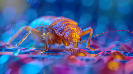 Close up of a genetically modified bed bug, designed to cleanse mattresses of harmful bacteria, crawling under UV light in a hygiene pod, sharpen with copy space