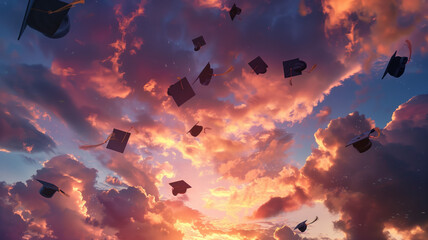 graduate caps are tossed up against the sky
