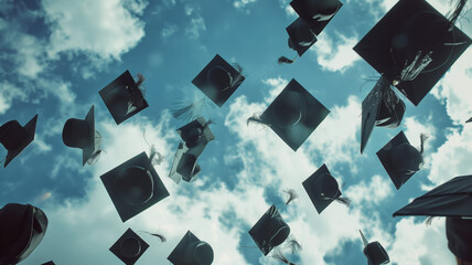 Wall Mural - graduate caps are tossed up against the sky