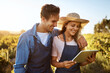 © Lyndon/peopleimages.com - Agriculture, love and tablet with couple on farm together for growth, harvest or sustainability. Agro, research or smile with man and woman outdoor in field for agribusiness, ecology or development