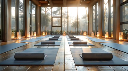 Sticker - tranquil yoga studio with soft lighting and mats laid out for a class cut out on an isolated minimalistic background