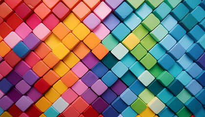 Wall Mural - Abstract background of squares and 3D colorful cubes mosaic and geometric. Red yellow blue green purple red  pink 