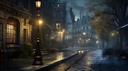 Wall Mural - Old town street at night in the fog. Panoramic image.