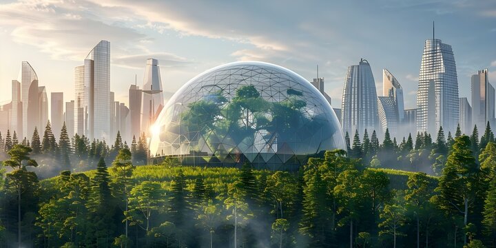 Modern cityscape with futuristic geodesic dome architecture blending nature and ecofriendly concepts. Concept Eco-Friendly Architecture, Geodesic Domes, Futuristic Cityscape, Nature Integration