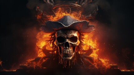 Wall Mural - A skull with a red bandana on its head is surrounded by flames. The skull is wearing a suit of armor and holding two swords. The image has a dark and ominous mood, with the skull
