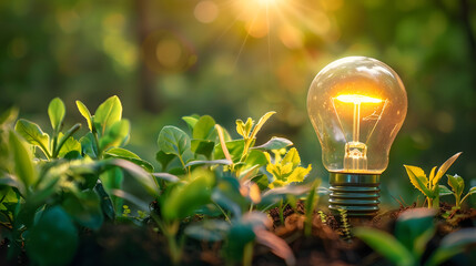 Sticker - A light bulb surrounded by growing plants with a nature background.