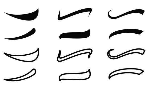Set of Swoosh and swoop underline typography tails shape in flat styles. Brush drawn curved smear. Hand drawn curly swishes, swash, twiddle. Vectors calligraphy doodle swirl on white background.Vector