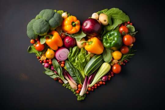 a heart made of vegetables and fruits. the heart is made of broccoli, carrots, apples, and oranges