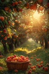 Wall Mural - picking nectarines or peaches in the garden. wicker basket with ripe fruits.