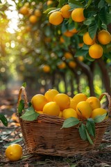Wall Mural - basket of selected lemons stands on the ground in a citrus orchard.