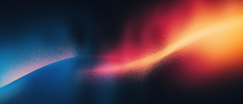 Grainy gradient background blue red yellow abstract glowing color wave black backdrop, noise texture banner poster header design 