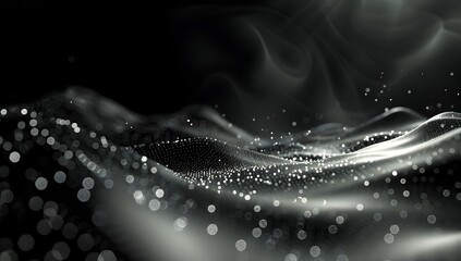 Poster - 3D render of an abstract background with white dots and waves on a black background
