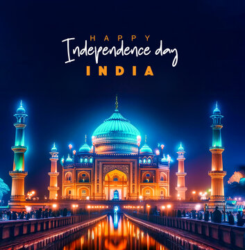 a poster for independence day in india with a reflection of a building in the background.