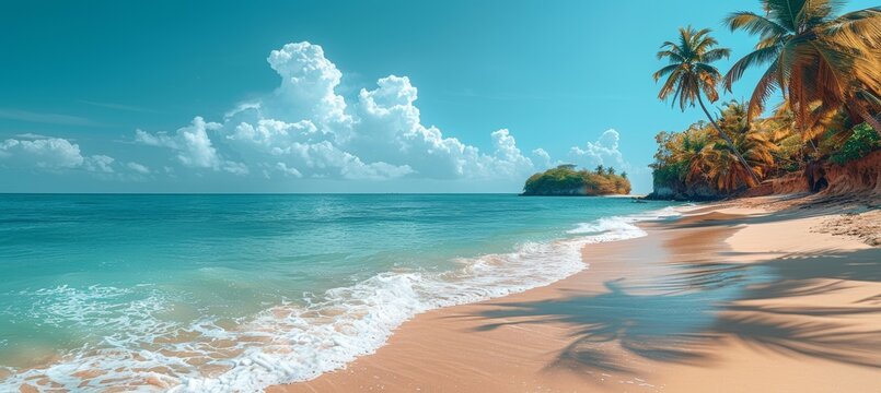 Beautiful tropical beach with palm trees and white sand, blue sky and sea waves. summer vacation background.