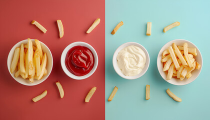 Wall Mural - Collage of tasty french fries with ketchup and mayonnaise on col