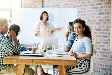 Poster - Portrait, smile and woman at creative presentation, project management and planning in workshop. Confidence, meeting room and designer at tech startup for growth, development or opportunity in office