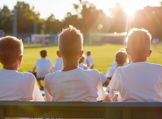 Wall Mural - Children's soccer team sitting on the bench, in white T-shirts, boys playing football against each other at an outdoor stadium on a sunny day.