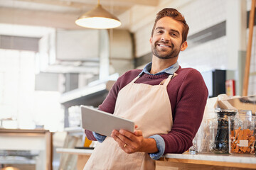 Poster - Coffee shop, portrait and man on tablet for online menu, check stock and inventory for order. Restaurant, cafeteria and small business owner on digital tech for social media, networking and website