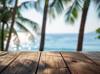 Empty wooden table top with blurred background of blue sea and palm trees on a summer beach for product display presentation mockup