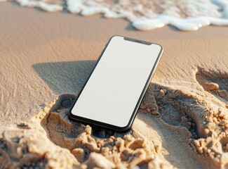 Front view of a blank white smartphone with a black frame on sand at a beach background, mockup for a mobile app or website design template