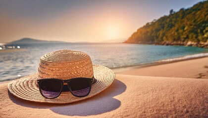 Wall Mural - straw hat and sunglasses on beach