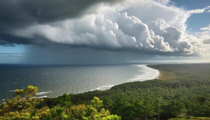 Wall Mural - beautiful moody storm skies over ocean landscape with distant heavy rainfall