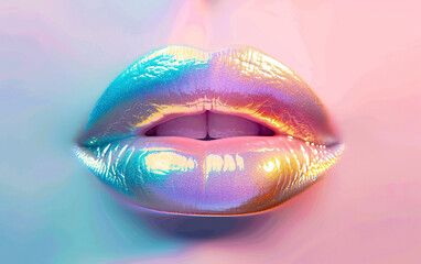 Close-up photo of woman’s lips painted with pearlescent paints. Blue and pink colors. Bright makeup