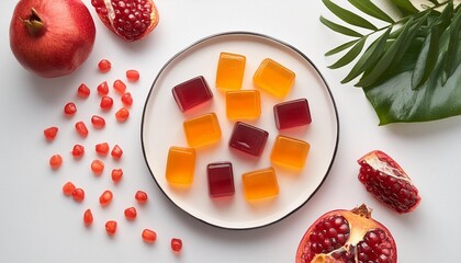 Wall Mural - candied fruit jelly with pomegranate fruits on white flat lay top view