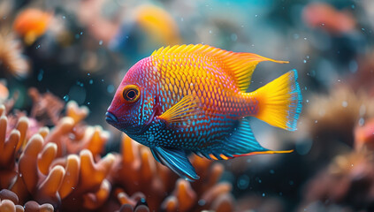 Closeup of a yellow and pink fish. Created with Ai