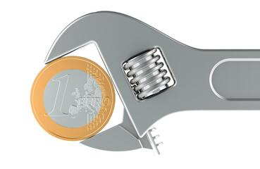 Poster - Adjustable wrench with euro coin, 3D rendering isolated on transparent background