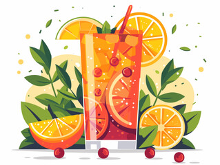 Wall Mural - A glass of orange juice with a straw in it and a bunch of oranges on the table. The image has a bright and cheerful mood, with the oranges and the glass of juice creating a sense of freshness