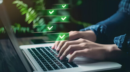 Wall Mural - A person typing on their laptop with green checkmark icons floating above the keyboard. attention to detail and quality control in work 