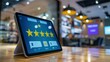 © Emiliia - A tablet device displaying a five-star customer review on a wooden table in a modern, blurred background.