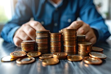 Poster - A man is holding a pile of coins on a table