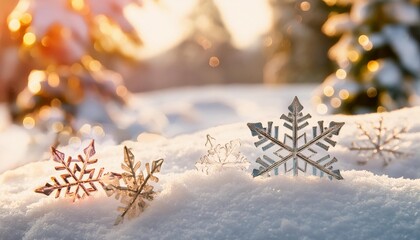 Wall Mural - snowflakes on snow christmas and winter background natural snowdrift close up with abstract light