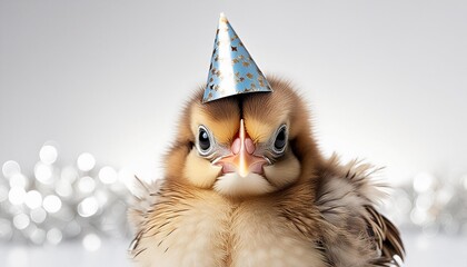 Wall Mural - cute chick with party hat on white background