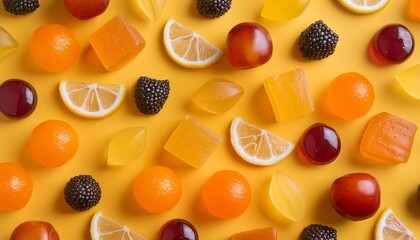 Wall Mural - seamless pattern of assorted gummies jelly gummy fruit sweets candy on yellow background top view flat lay