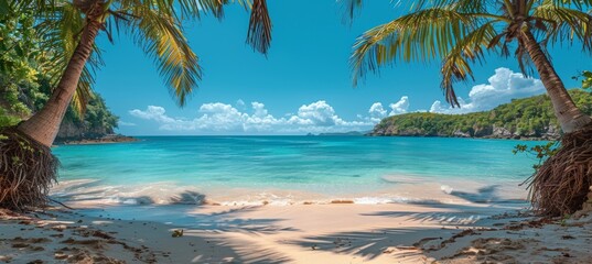 Wall Mural - Tropical beach with palm trees and blue sea on sunny day, summer vacation background.