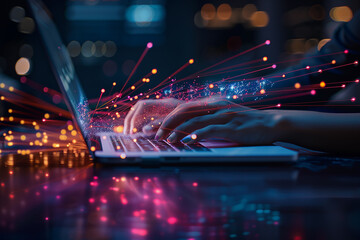 Fototapete - Programmer writing code on laptop with colorful data connection lines