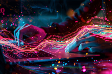 Poster - Hands typing on laptop keyboard with colorful data stream