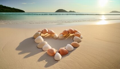 Wall Mural - shells in a heart shape symbolising love on a tropical sandy beach evoking feelings of love romance and honeymoon