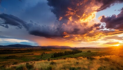 Wall Mural - stunning dramatic colorful stormy landscape sunset sky with lovely moody contrast in the clouds