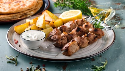 Wall Mural - souvlaki greek traditional food from meat potatoes pie lemon and sauce