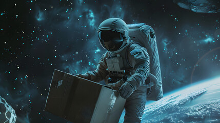 Sticker - A photo of a man working as a courier in space 