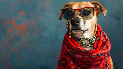 Wall Mural - A photo of an dog wearing sunglasses and earrings. dressed in a fashionable red patterned scarf around its neck 