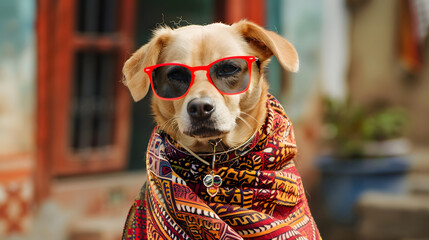 Wall Mural - A photo of an dog wearing sunglasses and earrings. dressed in a fashionable red patterned scarf around its neck 