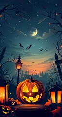 Wall Mural - A spooky Halloween themed illustration featuring jack-o'-lanterns, a full moon, and a haunted house backdrop