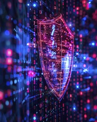 Wall Mural - The essence of cybersecurity in a digital era, close-up of a shield and binary code, sharp and modern, highlighting the importance of digital security.
